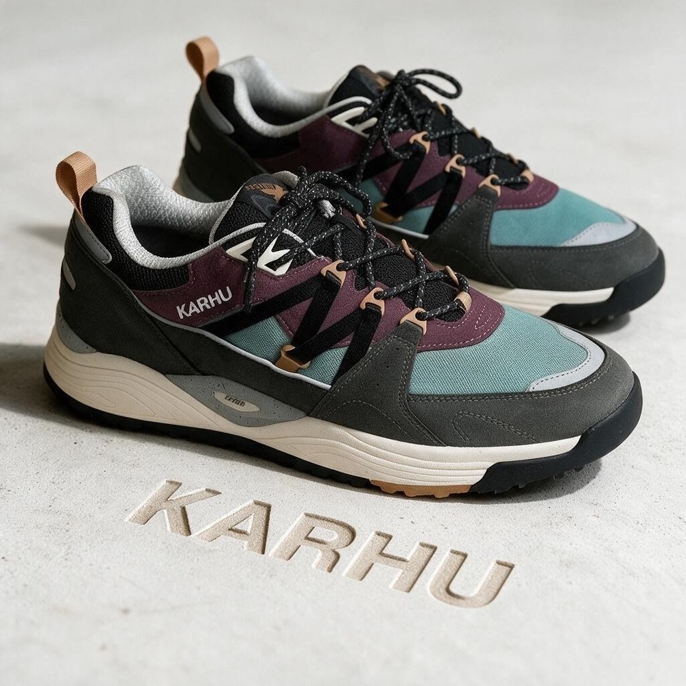Karhu Fusion XC Gunmetal Jet Black F830001 Mens 12 Plum Teal Suede Sneakers